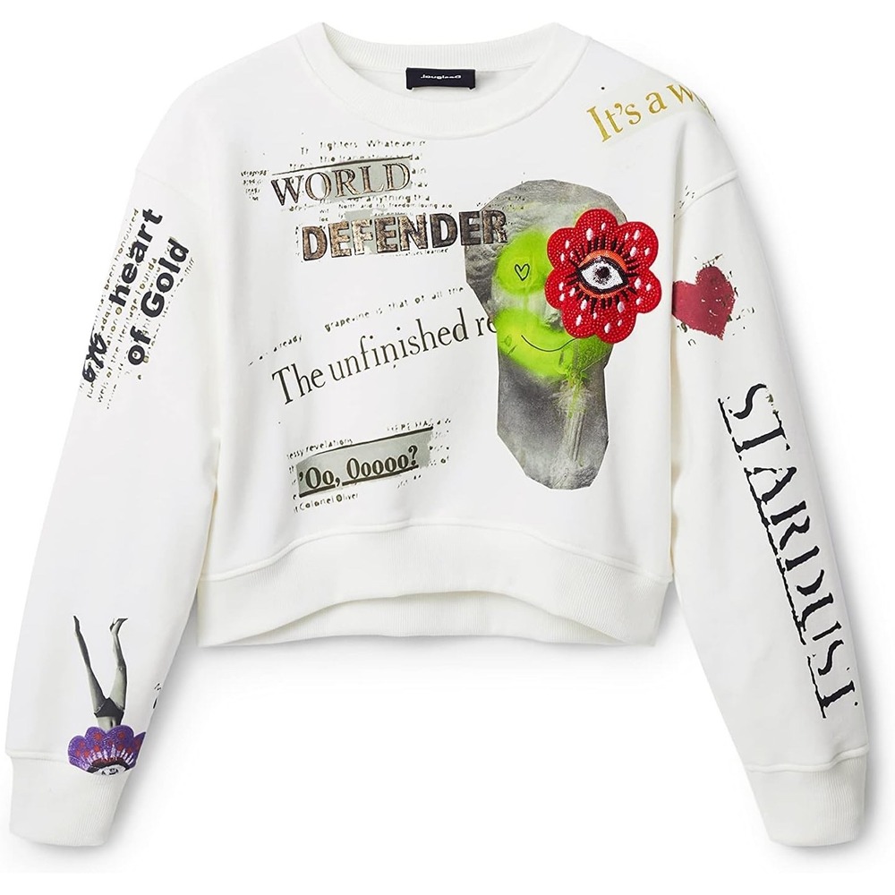 Desigual Graphic Graffiti Newspaper Print Crop Sweatshirt Flower Eye Medium EUC